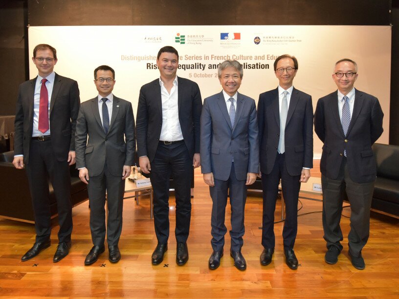 (From left) Mr Frédéric Bretar, Representative of Consulate General of France in Hong Kong; Mr Leong Cheung, Executive Director of Charities and Community at The Hong Kong Jockey Club; Professor Thomas Piketty; Professor Stephen Cheung Yan-leung, President of EdUHK; Mr Antony Leung Kam-chung, Convenor of the Big Education Platform; and Professor Lui Tai-lok, Vice President (Research and Development) of EdUHK